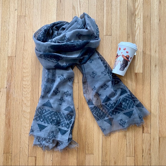 Pull&Bear Other - Pull&Bear Tribal Design Grey Black Raw Hem Men Scarf